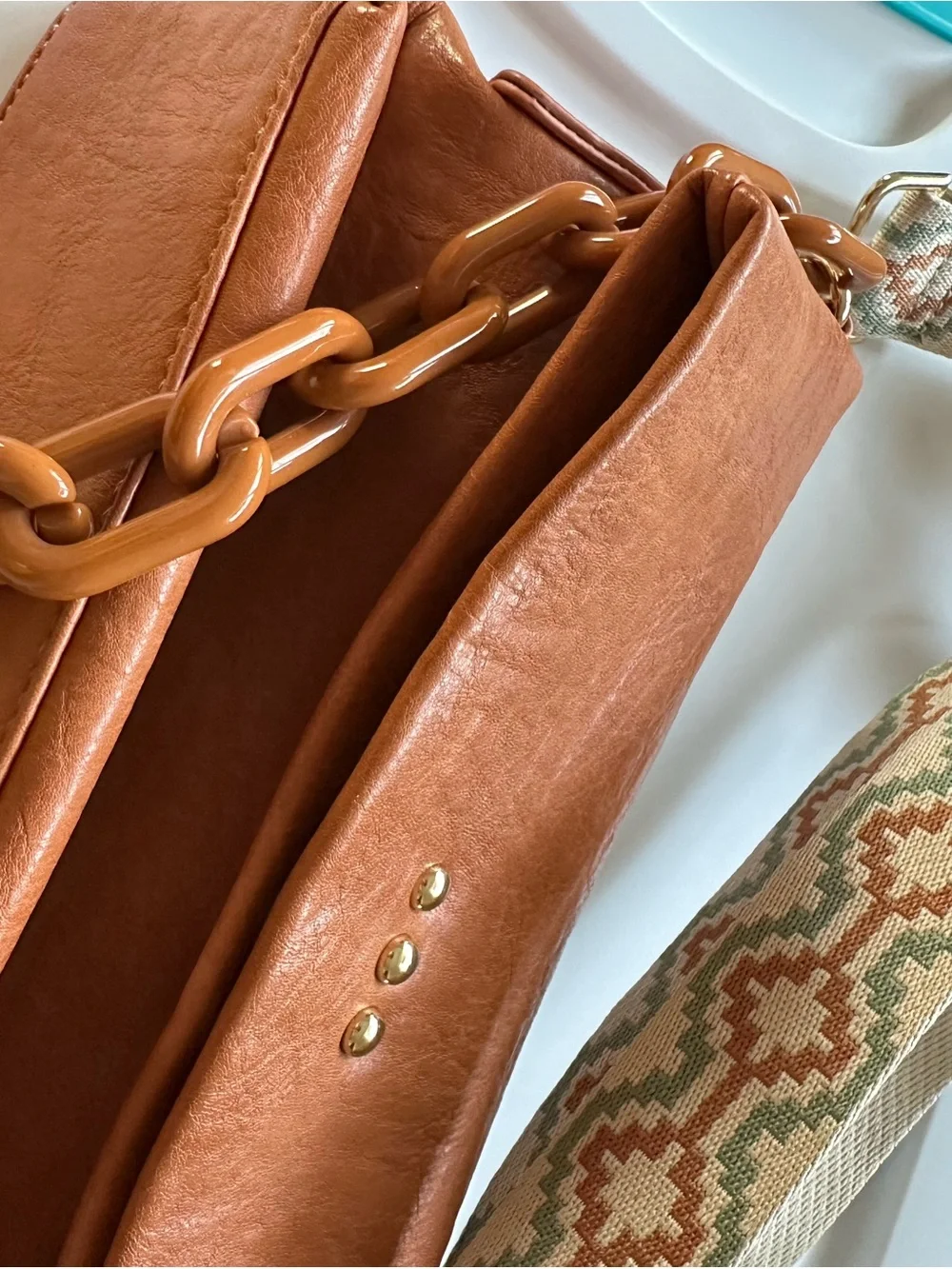 Leather Crossbody Bag with Patterned Adjustable Strap - Brown